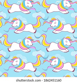 Patrón sin fin y sin fin con unicornios coloridos sobre fondo azul, ilustración para niños, vectores eps 10 arte