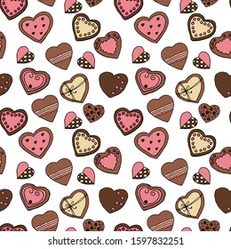 Seamless endless pattern with cookies hearts, hand drawn elements on white background.