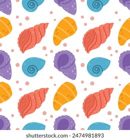Seamless endless pattern with cute seashells and clams on white background. Print for printing on fabric, wrapping paper and sewing children clothes.