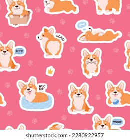 Seamless endless pattern design with Welsh Corgi breed dog, cartoon flat vector illustration on red background. Decorative endless pattern with cute corgi.