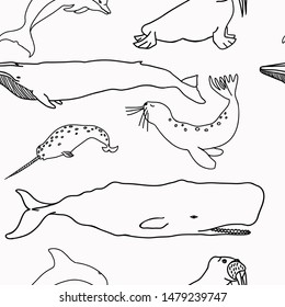 Seamless endless pattern design. Whale and cetacean animals vector drawing for wrapping paper or textile. 