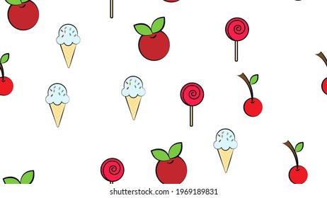 Seamless endless pattern of different delicious hearty ice cream berries fast food sweets on a white background. Texture