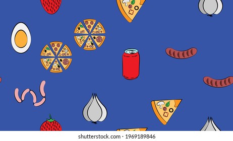 Seamless endless pattern of different delicious hearty hot sausages, soda, fast food pizzas on a blue background. Texture