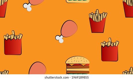 Seamless endless pattern of different delicious hearty hot fries, hamburgers, fast food chicken legs on an orange background. Texture