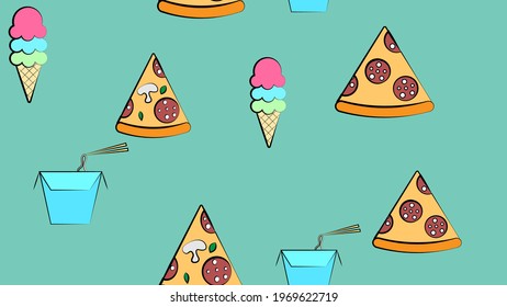 Seamless endless pattern of different delicious hearty hot pizzas, noodles, ice cream fast food on a green background. Texture