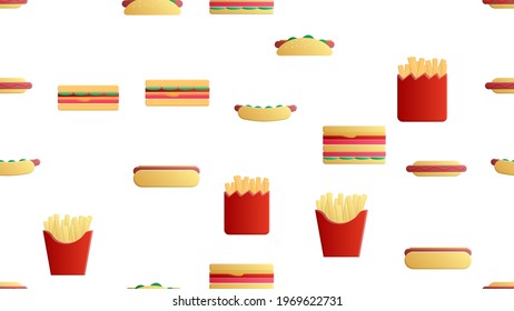 Seamless endless pattern of different delicious hearty hot hot dogs, sandwiches, fast food fries on a white background. Texture
