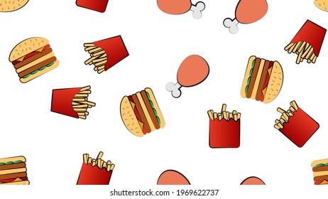 Seamless endless pattern of different delicious hearty hot fries, hamburgers, fast food chicken legs on a white background. Texture