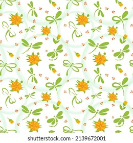 Seamless, endless pattern with dragonfly, calendula, marigold. Texture, fabric.
Hand drawn, colored cartoon pattern. Flat vector illustration, isolated objects.