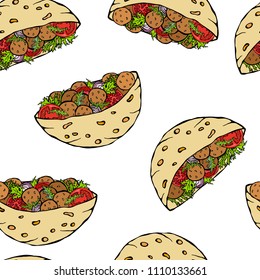 Seamless Endless Pattern with Falafel Pita or Meatball Salad in Pocket Bread. Arabic Israel Healthy Fast Food Bakery. Jewish Street Food. Realistic Hand Drawn Illustration. Savoyar Doodle Style.