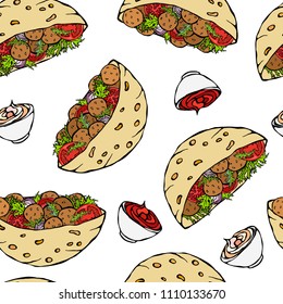 Seamless Endless Pattern with Falafel Pita or Meatball Salad in Pocket Bread. Arabic Israel Healthy Fast Food Bakery. Jewish Street Food. Realistic Hand Drawn Illustration. Savoyar Doodle Style.