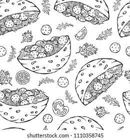 Seamless Endless Pattern with Falafel Pita or Meatball Salad in Pocket Bread. Arabic Israel Healthy Fast Food Bakery. Jewish Street Food. Realistic Hand Drawn Illustration. Savoyar Doodle Style.