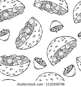 Patrón sin inconvenientes con Falafel Pita o Ensalada de Fútbol en Pan de Bolsillo. Panadería árabe Israel de comida rápida saludable. Comida callejera judía. Ilustración De Mano Realista Dibujada. Estilo Doodle Savoyar.