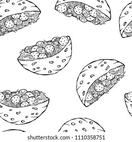 Seamless Endless Pattern with Falafel Pita or Meatball Salad in Pocket Bread. Arabic Israel Healthy Fast Food Bakery. Jewish Street Food. Realistic Hand Drawn Illustration. Savoyar Doodle Style.