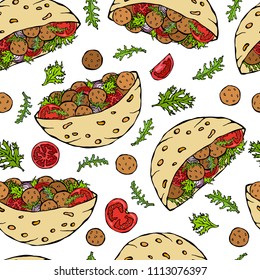 Seamless Endless Pattern with Falafel Pita or Meatball Salad in Pocket Bread. Arabic Israel Healthy Fast Food, Bakery. Jewish Street Food. Realistic Hand Drawn Illustration. Savoyar Doodle Style.