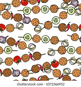 Seamless Endless Pattern Falafel, Vegetables Tomato, Chilli Pepper, Onion, Zucchini on a Skewer. Grill BBQ. Healthy Fast Food. Jewish Street. Realistic Hand Drawn Illustration. Savoyar Doodle Style.