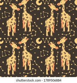 Seamless endless pattern featuring a giraffe surrounded by stars and constellations, good night illustration for children, vector eps 10 format