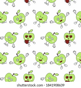 Seamless endless pattern with funny apples. The cover of the book. Tailoring of children's clothing from textiles. Material for packaging paper. Background and Wallpaper.