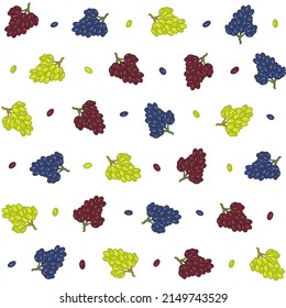Seamless endless pattern of grapes in green, pink and blue on white background. Hand-drawn vector illustration in doodle style with thick outlines. Summer fruity berry pattern.