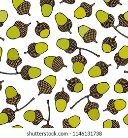 Seamless Endless Pattern of Green Acorns. Autumn or Fall Vegetable Harvest Collection. Realistic Hand Drawn High Quality Vector Illustration. Doodle Style.