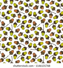 Seamless Endless Pattern of Green Brown Acorns. Autumn or Fall Vegetable Harvest Collection. Realistic Hand Drawn High Quality Vector Illustration. Doodle Style.