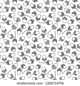 Seamless Endless Pattern of Green Brown Acorns. Autumn or Fall Vegetable Harvest Collection. Realistic Hand Drawn High Quality Vector Illustration. Doodle Style.