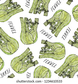 Seamless Endless Pattern of Green Fennel Balb. Vegetable Collection. EPS10 Vector. Hand Drawn Doodle Style Realistic Illustration.