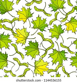 Seamless Endless Pattern of Green Maple Leaves and Seeds. Autumn or Fall Harvest Collection. Realistic Hand Drawn High Quality Vector Illustration. Doodle Style.