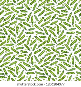 Seamless Endless Pattern of Green Peas and Peeled Pea Pod. Healthy Bio Vegetarian Food. Realistic Hand Drawn High Quality Vector Illustration. Doodle Style.