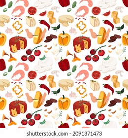 Impermeable patrón sin igual con alimentos italianos de ultramar sobre fondo blanco.Queso italiano, tomates, verduras, productos lácteos.Colorida ilustración vectorial en un estilo plano para envolver papel, impresión de tela