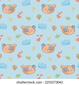 Nahtloses endloses Muster mit Hamster- und Haustierattributen. Design für Kinder, Schlafkleidung, Bettwäsche, Textilien, Kleidung, Accessoires, Taschen, Geschirr, Souvenirs, Geschenkartikel usw.