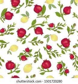 Seamless endless pattern of hand drawn ripe lemons and pomegranates with leaves and branches vector illustration