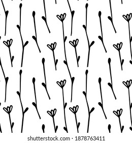 Seamless, endless pattern with hand-drawn scribbles of branches and flowers on a white background. Perfect for wrapping paper or room's decor, vector illustration