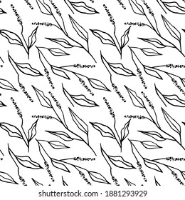 Seamless, endless pattern with hand-drawn scribbles of branches and leaves on a white background. Perfect for wrapping paper or room's decor, vector format eps 10
