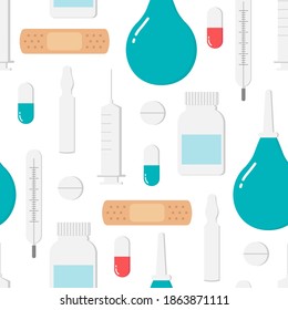 Seamless endless pattern with icons for medicine and health on turquoise background. Colorful medic icons - syringe, bottle, tablet, Capsule