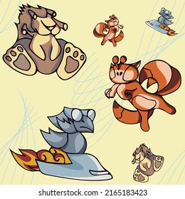 Seamless endless pattern. Illustration of unique animals. Contrasting image in designer style. Design for paper, web, cover, fabric, t-shirt, poster, print, artwork, etc.