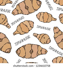 Seamless Endless Pattern of Jerusalem Artichoke or Topinambur. Vegetable Collection. EPS10 Vector. Hand Drawn Doodle Style Realistic Illustration.