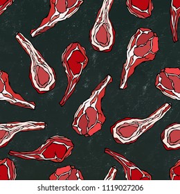Seamless Endless Pattern with Lamb Ribs or Rack of Lamb. Meat Guide for Butcher Shop or Steak House Restaurant Menu. Hand Drawn Illustration. Doodle Style. Black Board Background and Chalk.