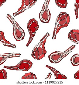 Seamless Endless Pattern with Lamb Ribs or Rack of Lamb. Meat Guide for Butcher Shop or Steak House Restaurant Menu. Hand Drawn Illustration. Doodle Style.