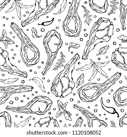 Seamless Endless Pattern with Lamb Ribs or Rack of Lamb, Savory, Marjoram, Arugula Herbs, Pepper. Meat Guide for Butcher Shop or Steak House Restaurant Menu. Hand Drawn Illustration. Doodle Style.