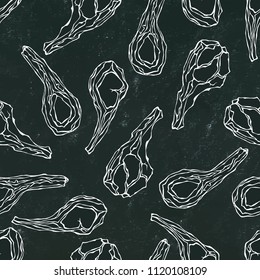 Seamless Endless Pattern with Lamb Ribs or Rack of Lamb. Meat Guide for Butcher Shop or Steak House Restaurant Menu. Hand Drawn Illustration. Doodle Style. Black Board Background and Chalk.