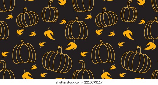 Seamless endless pattern with linear pumpkins on a black background, yellow leaves. Delicious plant, food, autumn, Halloween, mysticism, Jack's lantern. Vector illustration, festive background.