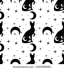 Seamless Endless pattern with magic cat, Stellar constellations, mystic surface pattern, for textile, for wrapping paper, witch background