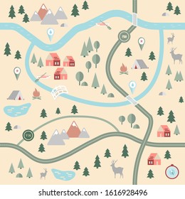 Seamless, endless pattern with a map of the area, with forest, expensive and river. Map with signs and symbols. Adventure Time.