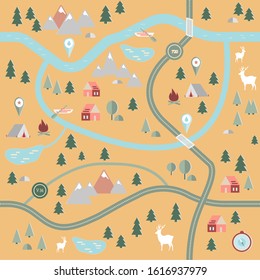 Seamless, endless pattern with a map of the area, with forest, expensive and river. Vector map with signs and symbols. Adventure Time.