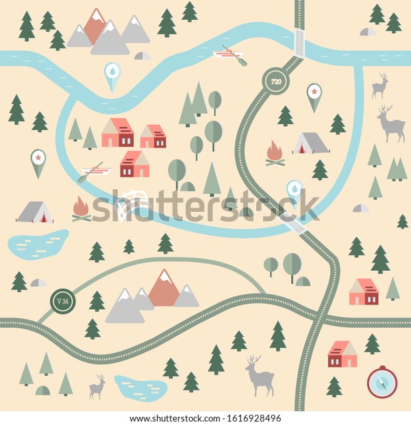 Seamless, endless pattern with a map of the area,\
with forest, expensive and river. Map with signs and symbols.\
Adventure Time.