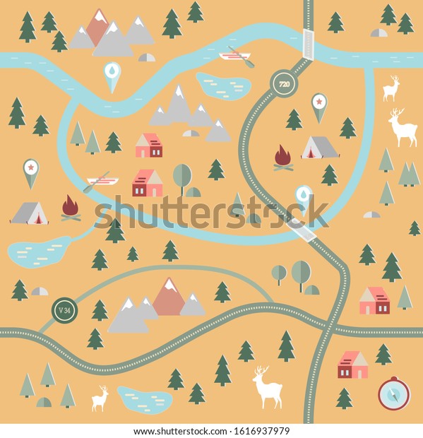 Seamless, endless pattern with a map of the area,\
with forest, expensive and river. Vector map with signs and\
symbols. Adventure\
Time.