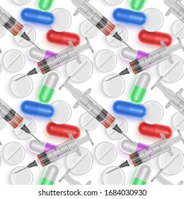Seamless, endless pattern with Medical syringe with needle and Pills on white background, Vector eps 10 format
