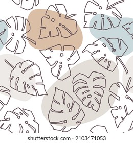 Seamless endless pattern with monstera leaves, Vector floral background in a trendy minimalistic linear style