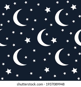 Seamless endless pattern. Night sky with moon and stars. Stars on a dark blue background. Cute wallpaper in the nursery. Festive background. Flat vector illustration