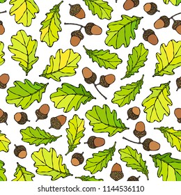 Seamless Endless Pattern of Oak Leaves and Acorns. Green and Yellow. Autumn or Fall Harvest Collection. Realistic Hand Drawn High Quality Vector Illustration. Doodle Style.